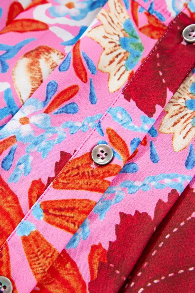 Pink Floral Print Bubble Sleeve Button Up Pleated Shirt - Love Salve